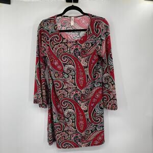 Boho Paisley Flare Sleeve Red Black Stretch Short Dress Women’s Medium USA Made